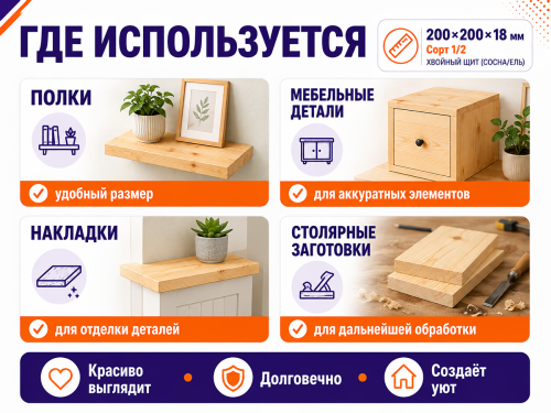 Мебельный щит из сосны/ели 200×200×18 мм, сорт 1/2