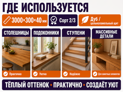 Мебельный щит из дуба 3000×300×40 мм, сорт 2/3, цельноламельный фото 3