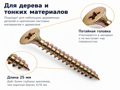 Шуруп универсальный 3,0*25 жёлтый цинк (50шт/уп.) фото 2