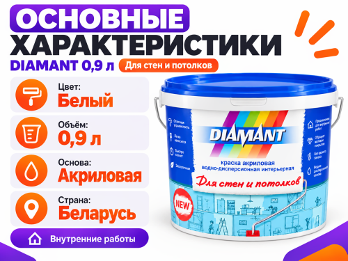Краска DIAMANT для стен и потолков, белая, 0,9 л фото 2