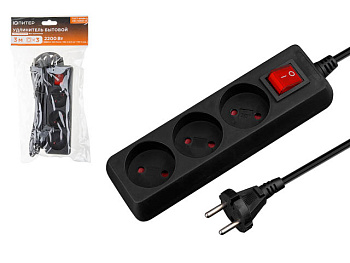 Удлинитель 3м (3 роз., 2,2кВт, б/з, выкл, ПВС 2х0,75) черный, Юпитер, арт.JP8103-21  JP8103-21