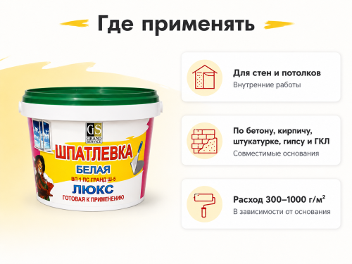 Шпатлёвка белая Гранд-Сервис Ш-5 Люкс ВП 1 ПС, готовая, 1 кг