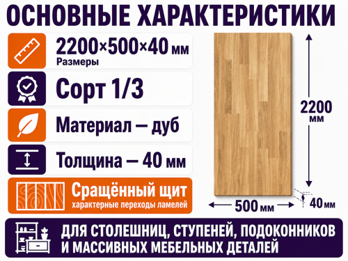 Мебельный щит из дуба 2200×500×40 мм, сорт 1/3, сращённый фото 2