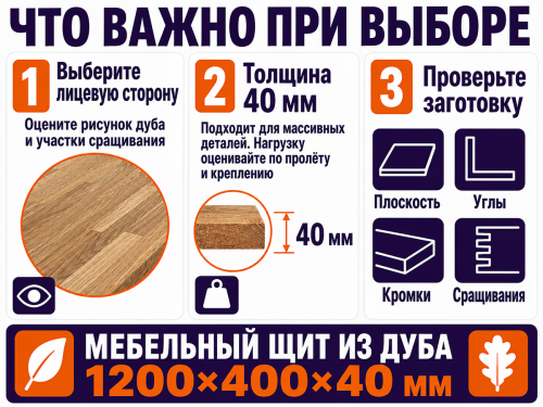 Мебельный щит из дуба 1200×400×40 мм, сорт 3/3, сращённый фото 4