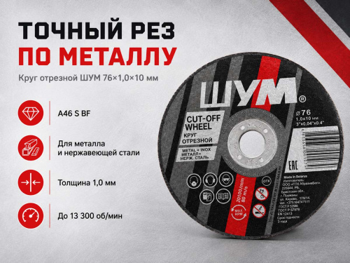 Круги отрезные абразивные ШУМ, 76×1,0×10 мм, по металлу и нержавеющей стали, 5 шт.