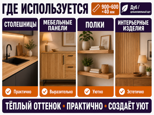 Мебельный щит из дуба 900×600×40 мм, цельноламельный, сорт 1/2 фото 3