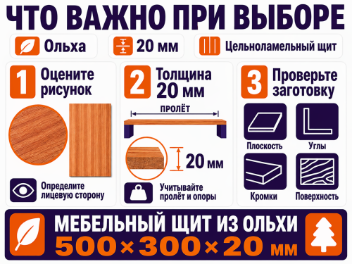 Мебельный щит из ольхи 500×300×20 мм, цельноламельный, сорт 1/2