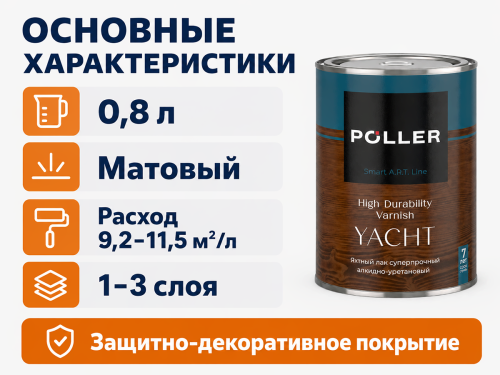Лак яхтный Poller A.R.T. YACHT, матовый, 0,8 л