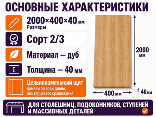 Мебельный щит из дуба 2000×400×40 мм, сорт 2/3, цельноламельный фото 2