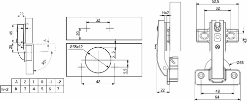 Петля под фальшпанель 90° с пружиной 48мм h2 slide-on AKS  65 657