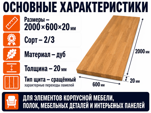 Мебельный щит из дуба 2000×600×20 мм, сорт 2/3, сращённый фото 2