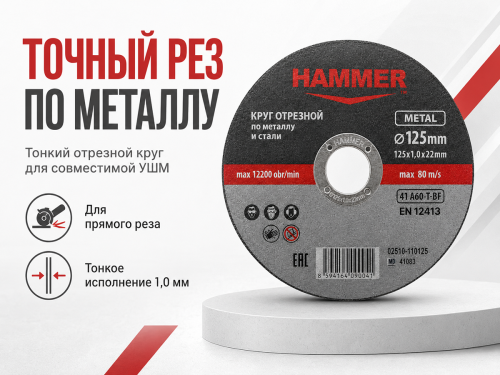 Круг отрезной по металлу HAMMER 02510-110125, 125×1,0×22 мм