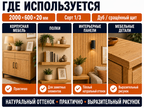 Мебельный щит из дуба 2000×600×20 мм, сорт 1/3, сращённый фото 3