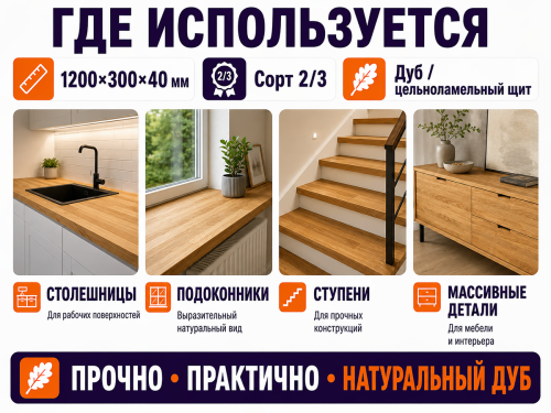 Мебельный щит из дуба 1200×300×40 мм, сорт 2/3, цельноламельный фото 3