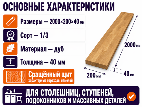 Мебельный щит из дуба 2000×200×40 мм, сорт 1/3, сращённый фото 2
