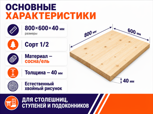 Мебельный щит из хвойных пород, 800×600×40 мм, сорт 1/2 фото 2