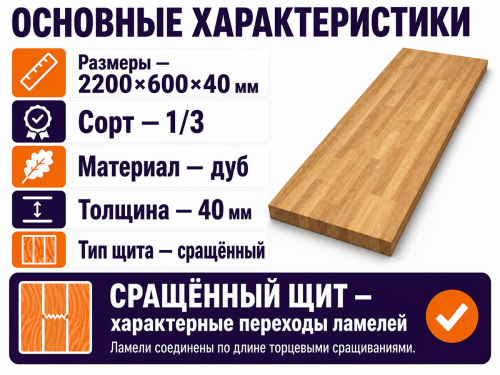 Мебельный щит из дуба 2200×600×40 мм, сорт 1/3, сращённый фото 2