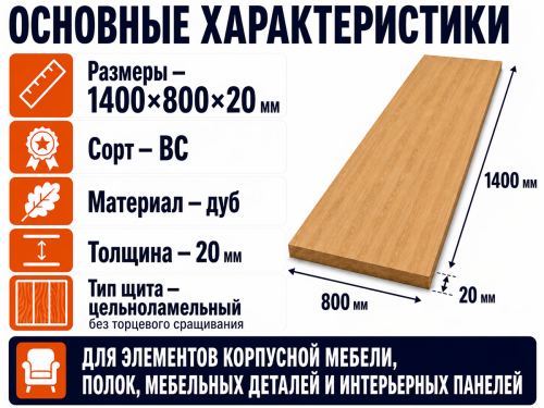 Мебельный щит из дуба 1400×800×20 мм, цельноламельный, сорт ВС фото 2
