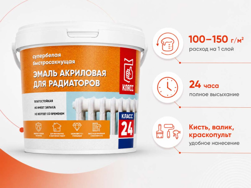 Эмаль акриловая Класс 24 для радиаторов отопления, супербелая шелковисто-глянцевая, 1 кг