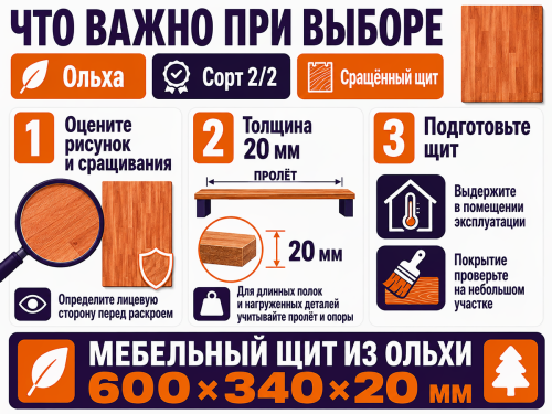 Мебельный щит из ольхи 600×340×20 мм, сорт 2/2, сращённый фото 4