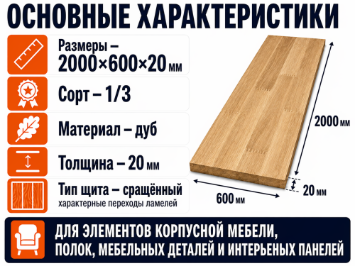 Мебельный щит из дуба 2000×600×20 мм, сорт 1/3, сращённый фото 2