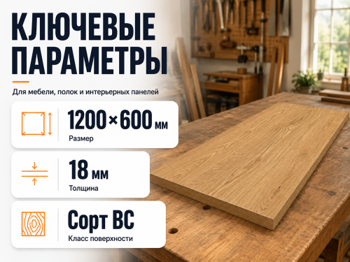 Мебельный щит из дуба 1200×600×18 мм, сорт BC фото 2