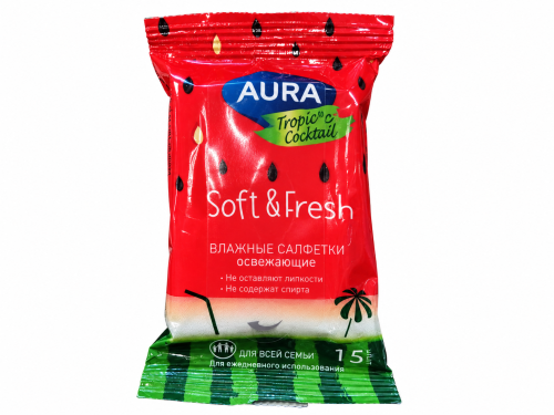 Салфетки влажные освежающие Aura Tropic Cocktail, 15 шт.