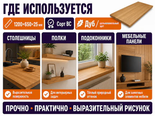 Мебельный щит из дуба 1200×650×25 мм, цельноламельный, сорт ВС фото 3