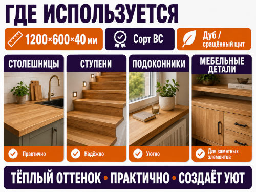 Мебельный щит из дуба 1200×600×40 мм, сорт ВС, сращённый фото 3