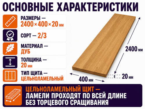 Мебельный щит из дуба 2400×400×20 мм, сорт 2/3, цельноламельный фото 2