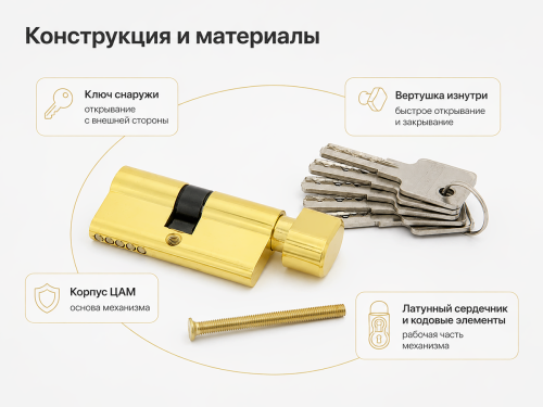 PALLADIUM цилиндровый механизм ZN, 60 мм (30+30), ключ–вертушка, латунь фото 2