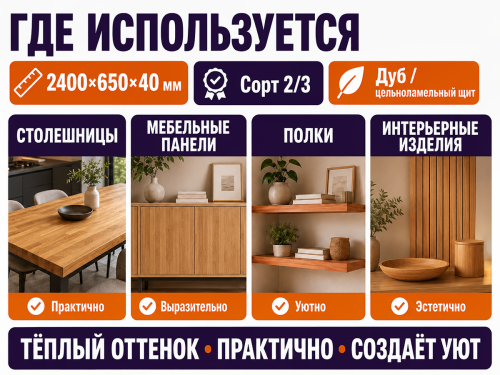 Мебельный щит из дуба 2400×650×40 мм, цельноламельный, сорт 2/3 фото 3