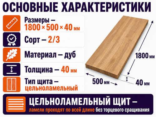 Мебельный щит из дуба 1800×500×40 мм, сорт 2/3, цельноламельный фото 2