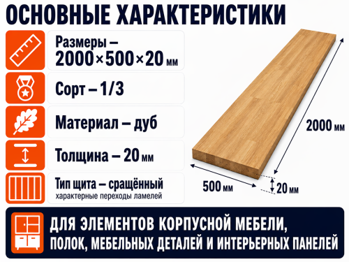 Мебельный щит из дуба 2000×500×20 мм, сорт 1/3, сращённый фото 2