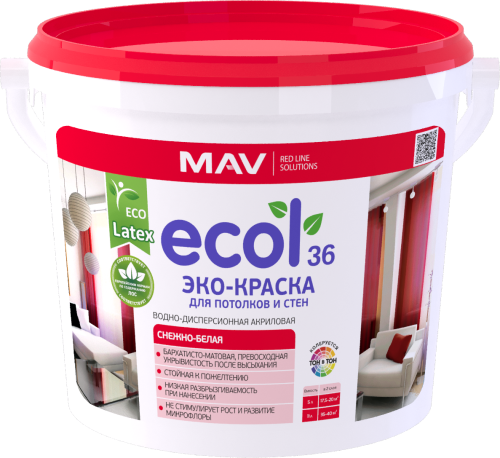 ЭКО-Краска MAV ECOL 36 для потолков и стен (ВД-АК-2036) снежно-белая матовая  1л (1,4 кг)