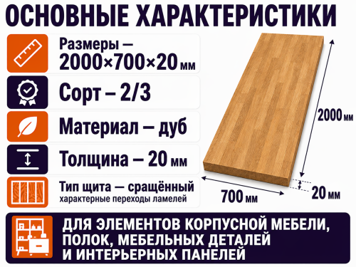 Мебельный щит из дуба 2000×700×20 мм, сорт 2/3, сращённый фото 2