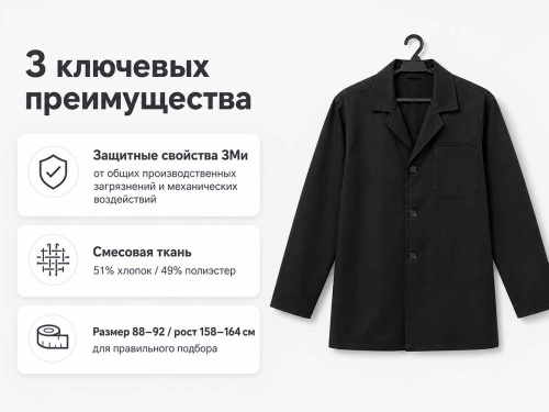 Халат рабочий ДИКСОНИЯ 401-12 для уроков труда ЗМи, чёрный, 88–92/158–164