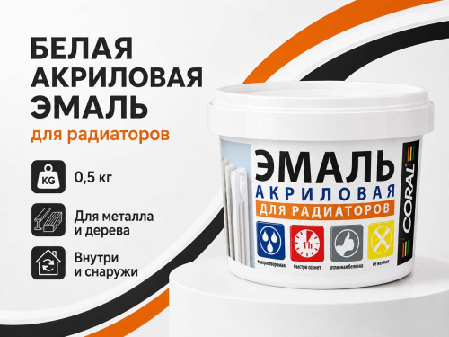 Эмаль акриловая CORAL Промакрил-Люкс ВД-АК-12 для радиаторов, белая, 0,5 кг
