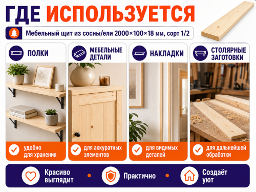 Мебельный щит из сосны/ели 2000×100×18 мм, сорт 1/2