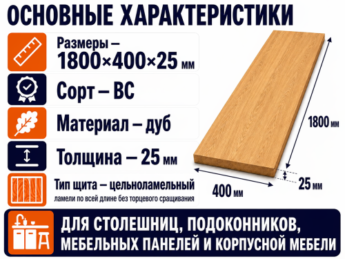 Мебельный щит из дуба цельноламельный, 1800×400×25 мм, сорт ВС фото 2