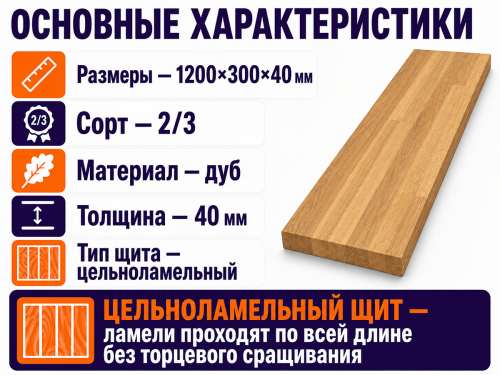 Мебельный щит из дуба 1200×300×40 мм, сорт 2/3, цельноламельный фото 2