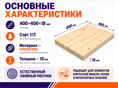 Мебельный щит из сосны/ели 400×400×18 мм, сорт 1/2