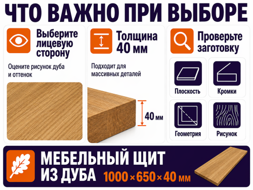 Мебельный щит из дуба 1000×650×40 мм, сорт 2/3, цельноламельный фото 4