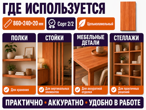 Мебельный щит из ольхи 860×240×20 мм, сорт 2/2, цельноламельный фото 3