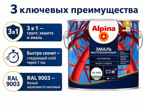 Грунт-эмаль алкидная Alpina быстросохнущая по ржавчине, RAL 9003 белая, шелковисто-матовая, 0,9 кг