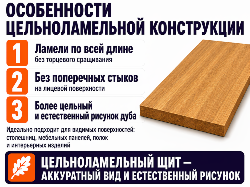 Мебельный щит из дуба 1000×600×18 мм, цельноламельный, сорт 2/3 фото 4
